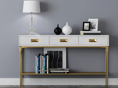 Modern Desk With White Top And Gold Legs Featuring Lamp Vases Photo Frame And Books 3d model