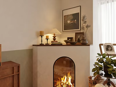 Cozy Fireplace With Burning Fire Mantel Candles Lamp Framed Art And Green Plants 3d model