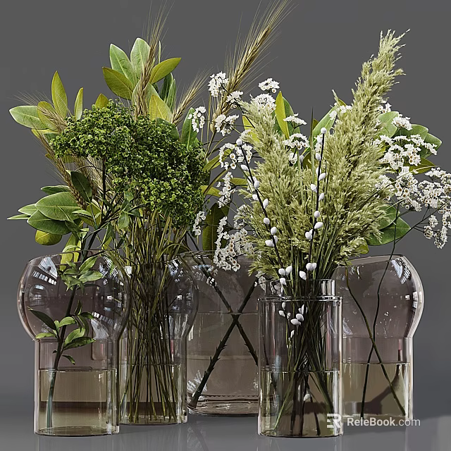Transparent Glass Vases with Green Foliage White Flowers and Decorative Plants 3d model 