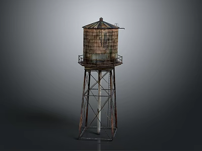 Rusted Metal Water Tower With Support Frame And Platform Structure 3d model