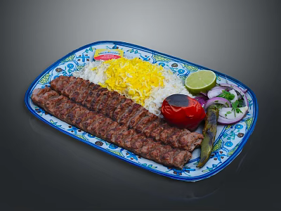 Grilled Kebab Skewers with Rice Lemon Slice Roasted Red Pepper and Garnish on Blue Plate 3d model