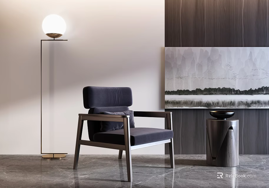 Chic Single Sofa With Floor Lamp Wooden Wall Panel And Abstract Artwork 3d model