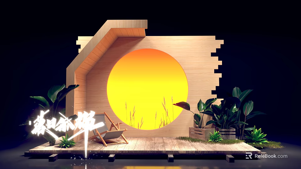 Wooden Structure Photo Check In Spot With Circular Sunset Light And Green Plants 3d model 