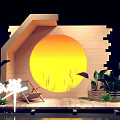 Wooden Structure Photo Check In Spot With Circular Sunset Light And Green Plants