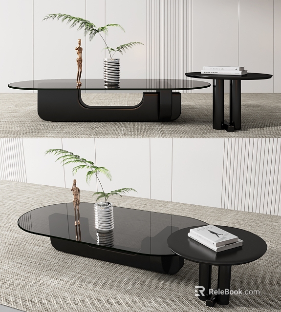 Modern Black Coffee Table With Glass Top And Side Table Decorated With Plant Books Statue 3d model 