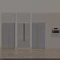 Three Modern Refrigerators In Kitchen With Light Colored Cabinets And Built In Appliance 3d model