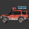 Winter Red SUV With Snow Covered Body And Luggage On Roof Rack