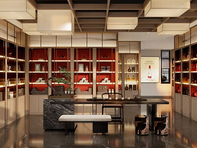 Elegant Tobacco and Alcohol Store Interior with Red Display Shelves Marble Counter and Wine Products 3d model