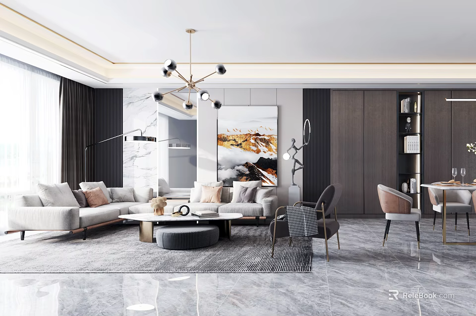 Modern Living And Dining Room Interior With Sofa Coffee Table Dining Chairs Chandelier And Artwork 3d model 