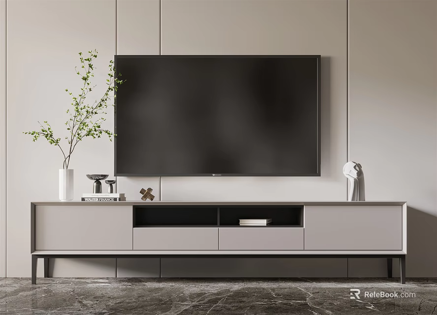 Modern TV Stand With Flat Screen TV Vase And Decorative Items In Living Room 3d model 