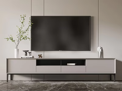Modern TV Stand With Flat Screen TV Vase And Decorative Items In Living Room 3d model