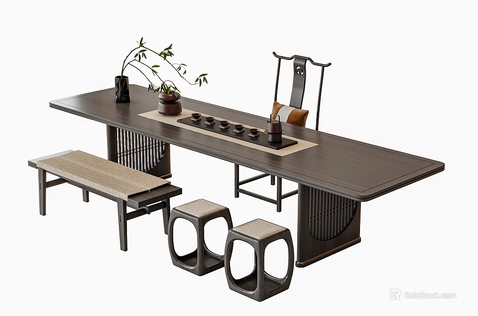 Traditional Chinese Tea Table and Chairs with Bench Stools Tea Set and Decorative Plant 3d model 