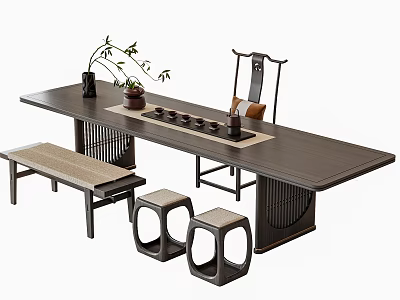 Traditional Chinese Tea Table and Chairs with Bench Stools Tea Set and Decorative Plant 3d model