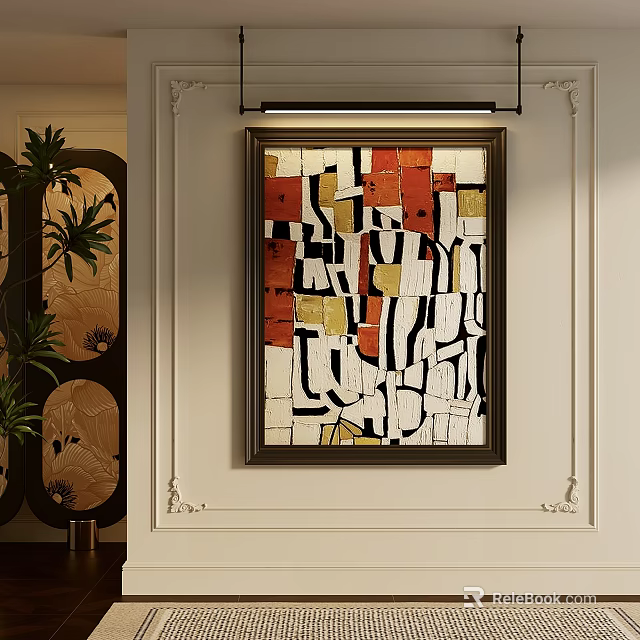 Framed Abstract Painting With Geometric Red Black White Yellow Shapes In Modern Interior 3d model 