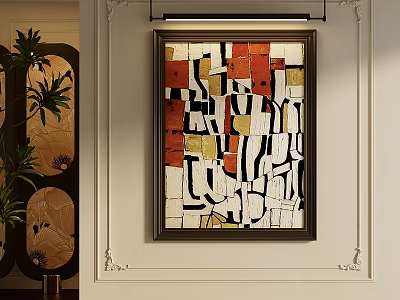 Framed Abstract Painting With Geometric Red Black White Yellow Shapes In Modern Interior 3d model