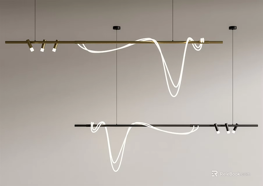 Modern Linear Chandelier With Curved White Light Strips And Gold Black Suspended Bars 3d model 