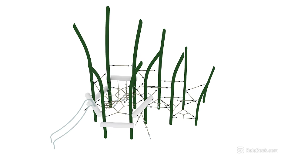 Tree Branch Shaped Playground Equipment with Green Poles Climbing Net and Slide 3d model 