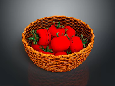 Fresh Ripe Red Tomatoes in a Wicker Basket on Dark Background 3d model