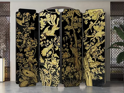 Black Decorative Screen With Golden Floral And Bird Patterns Traditional Oriental Design 3d model