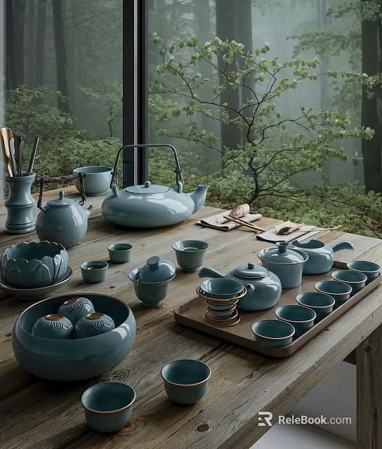 Elegant Ceramic Tea Set With Teapot Teacups And Wooden Tray Against Natural Scenery 3d model 