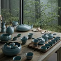 Elegant Ceramic Tea Set With Teapot Teacups And Wooden Tray Against Natural Scenery