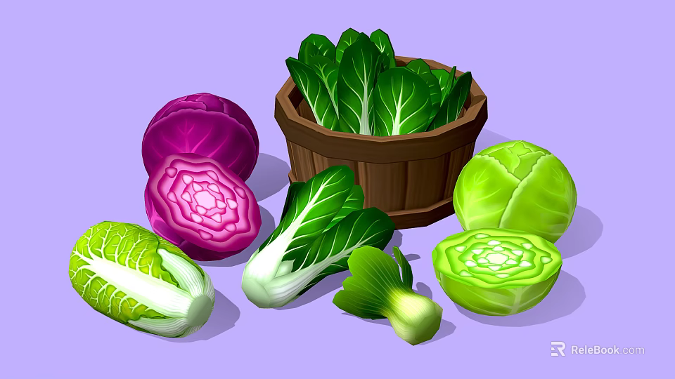 Fresh Colorful Vegetables Including Purple Green Cabbage And Bok Choy In Wooden Basket 3d model 