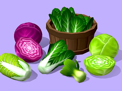 Fresh Colorful Vegetables Including Purple Green Cabbage And Bok Choy In Wooden Basket 3d model