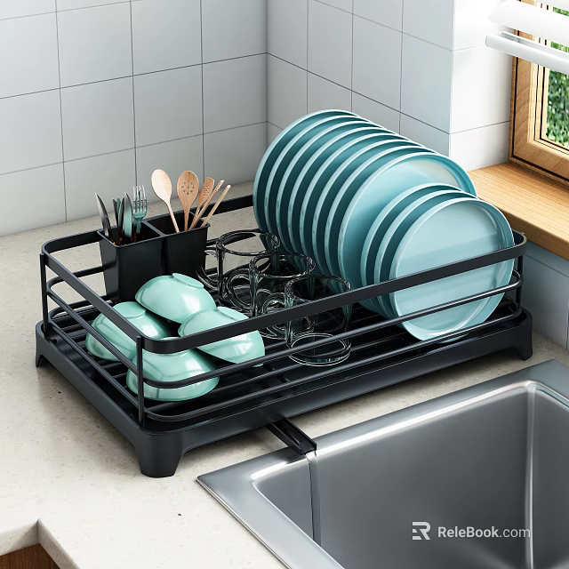 Black Dish Rack With Blue Plates Green Bowls Kitchen Utensils By Sink White Tiled Wall 3d model 