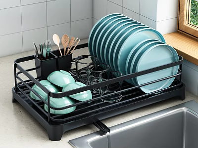 Black Dish Rack With Blue Plates Green Bowls Kitchen Utensils By Sink White Tiled Wall 3d model
