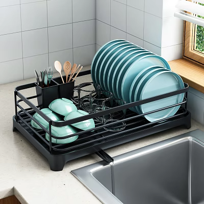 Black Dish Rack With Blue Plates Green Bowls Kitchen Utensils By Sink White Tiled Wall 3d model