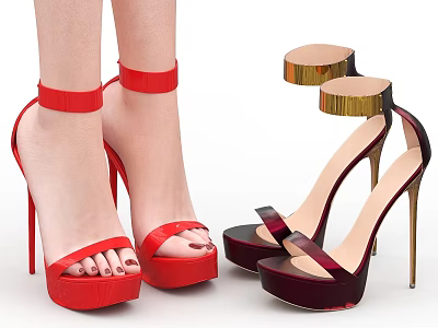 Stylish Red And Burgundy High Heels With Golden Heels Ankle Straps And Platform Soles 3d model