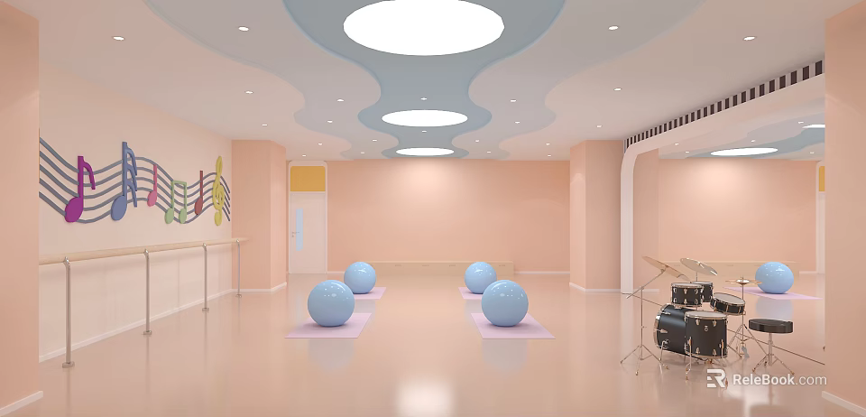 Pink Fitness Studio Featuring Blue Exercise Balls On Yoga Mats And Dance Barres 3d model 