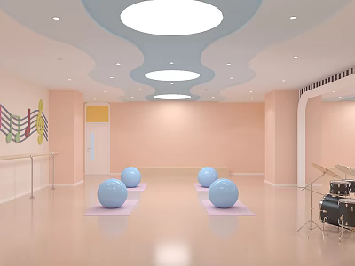 Pink Fitness Studio Featuring Blue Exercise Balls On Yoga Mats And Dance Barres 3d model