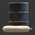 Rustic Wooden Barrel Next to Fence with Cloth Bag on Dark Surface