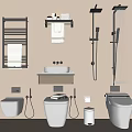 Modern Bathroom Set With Wooden Vanity Grey Toilet Black Towel Rail And Shower