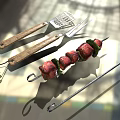 Grill Tools And Skewered Kebab With Fresh Herbs On Tiled Surface