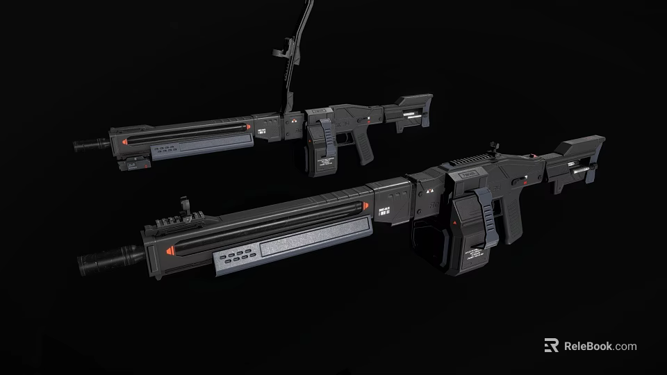 Futuristic Tactical Firearms with Black Finish Red Accents and Gray Stripes Design 3d model 