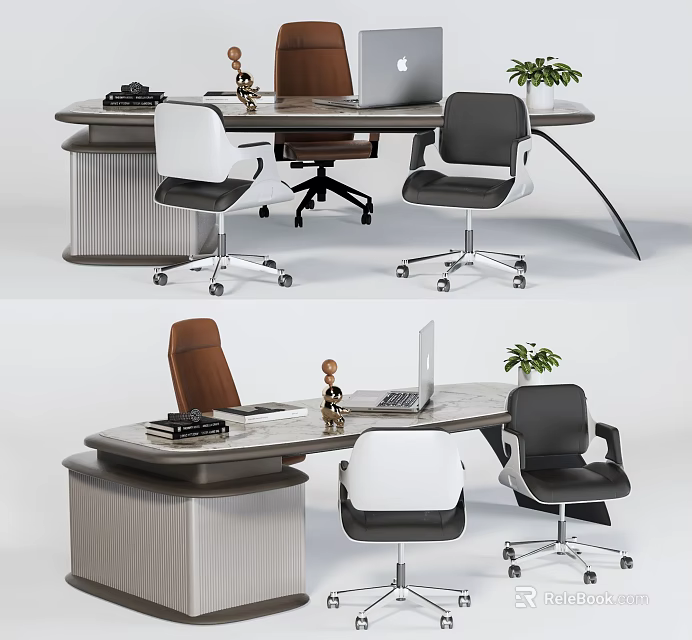 Modern Office Desk Setup With Ergonomic Chairs Laptop Typewriter And Decorative Plant 3d model 