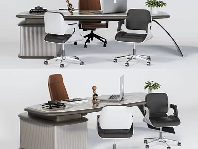 Modern Office Desk Setup With Ergonomic Chairs Laptop Typewriter And Decorative Plant 3d model