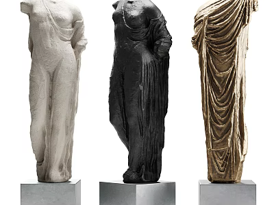 Carved Sculptures of Three Draped Standing Figures in White Black and Gold on Square Pedestals 3d model