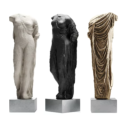 Carved Sculptures of Three Draped Standing Figures in White Black and Gold on Square Pedestals 3d model