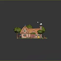 Cartoon Scene Featuring Thatched Roof House Pink Walls Green Trees Pathway Deer And Colorful Flags