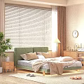 Green Upholstered Headboard Double Bed with Wooden Blinds Brown Curtains Bedside Table and Floor Lamp