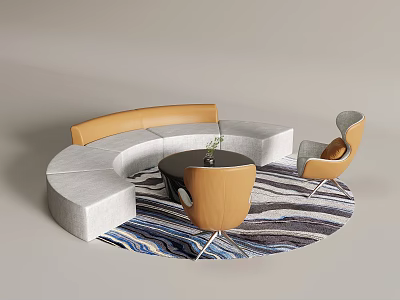 Modern Curved Irregular-shaped Sofa Gray Orange With Round Coffee Table Potted Plant And Striped Rug 3d model