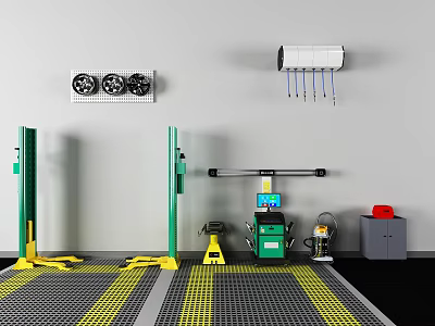 Automotive Repair Shop Industrial Equipment With Green Lifts Yellow Pads And Wall Tools 3d model