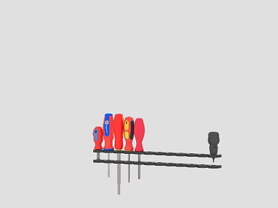 Neatly Arranged Screwdrivers with Colorful Handles on Black Rack Hardware Tools 3d model