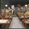 Traditional Roof Open Layout Restaurant With Dining Tables Green Plants And Modern Glass Walls