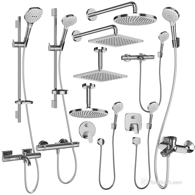 Modern Chrome Shower Head Systems With Overhead Sprayers And Handheld Attachments 3d model
