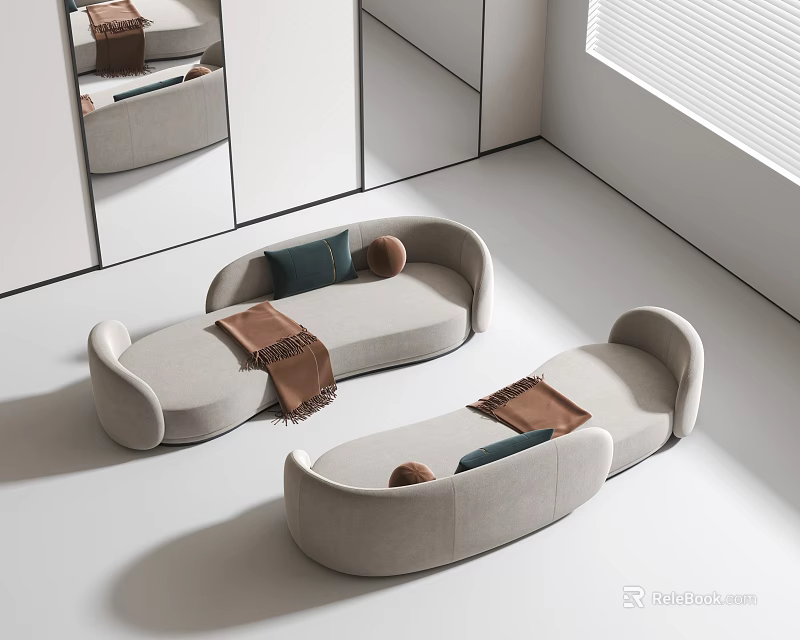 Light Gray Sectional Sofa With Throw Pillows And Blankets In Modern Bright Room 3d model 