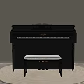 Elegant Black Piano With Matching Bench On Circular Rug In Room